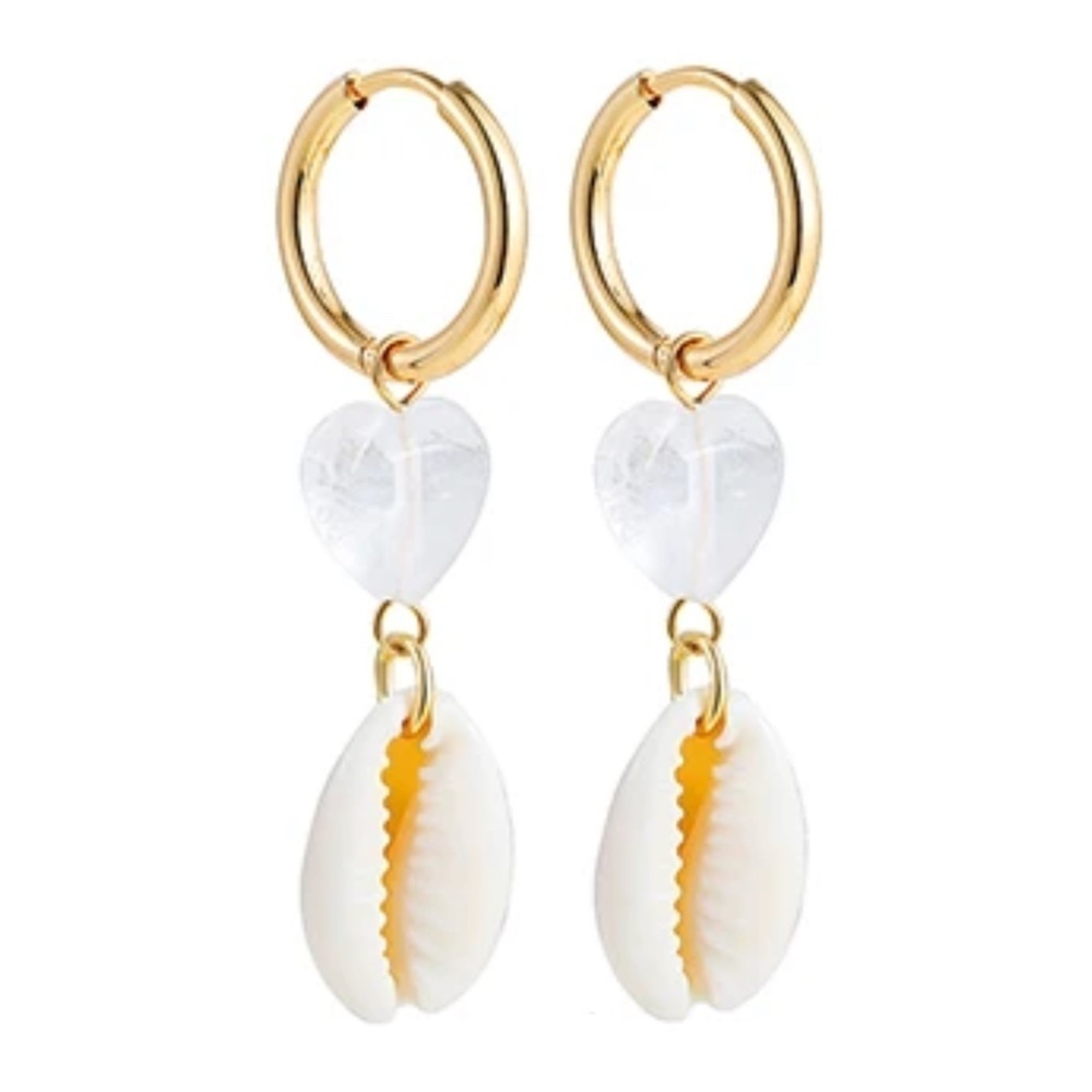 Gold Hoop Shell Earrings with Heart Charm – 1.8 Inch Dangle Earrings with 15mm H
